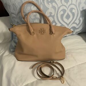 Tory Burch Beige Leather Tote with Braided handles.  Gold accents EUC